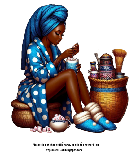 lady sitting down drinking hot chocolate with marshmallows , wearing Blue spotted bathrobe an 2